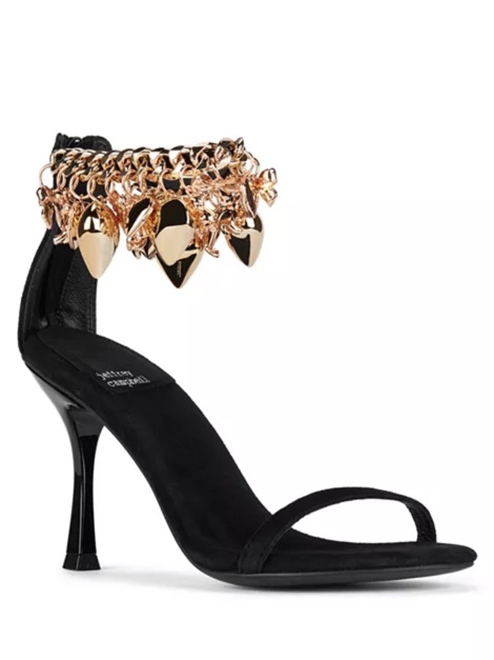 Jeffrey Campbell Black Ankle-Chain High Heel Sandals with Gold Charm Detail